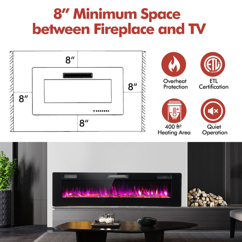 60 Inches Ultra-thin Electric Fireplace Heater with Remote, Timer & Wall Mount, 1500W Recessed LED Flame