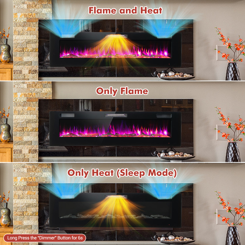 60 Inches Ultra-thin Electric Fireplace Heater with Remote, Timer & Wall Mount, 1500W Recessed LED Flame