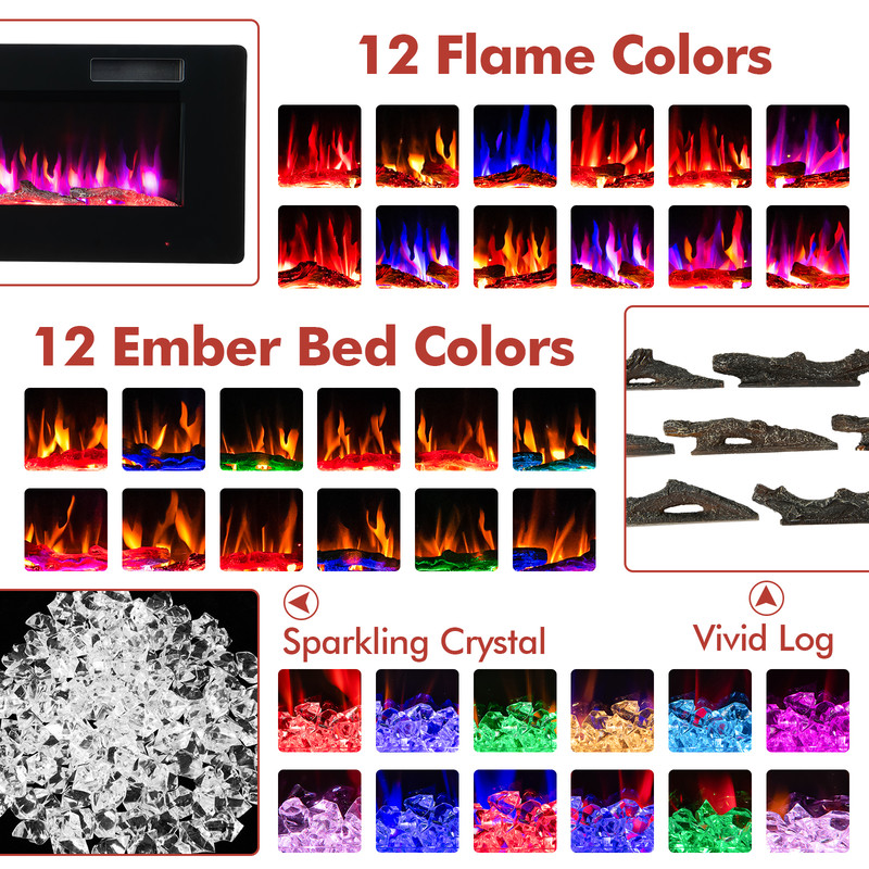 60 Inches Ultra-thin Electric Fireplace Heater with Remote, Timer & Wall Mount, 1500W Recessed LED Flame