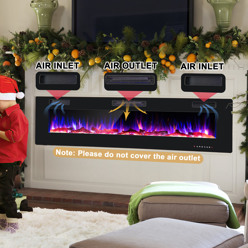 68 Inch Ultra-Thin Electric Fireplace Recessed Wall Mounted with Crystal Log Decoration, 12 Flame Colors, Remote, Timer