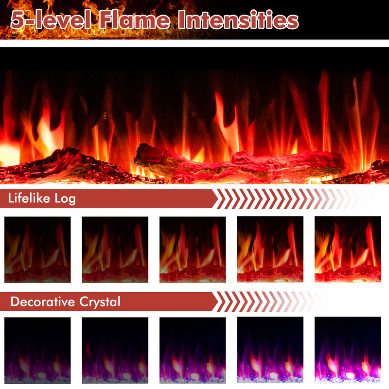 60 Inches Ultra-thin Electric Fireplace Heater with Remote, Timer & Wall Mount, 1500W Recessed LED Flame