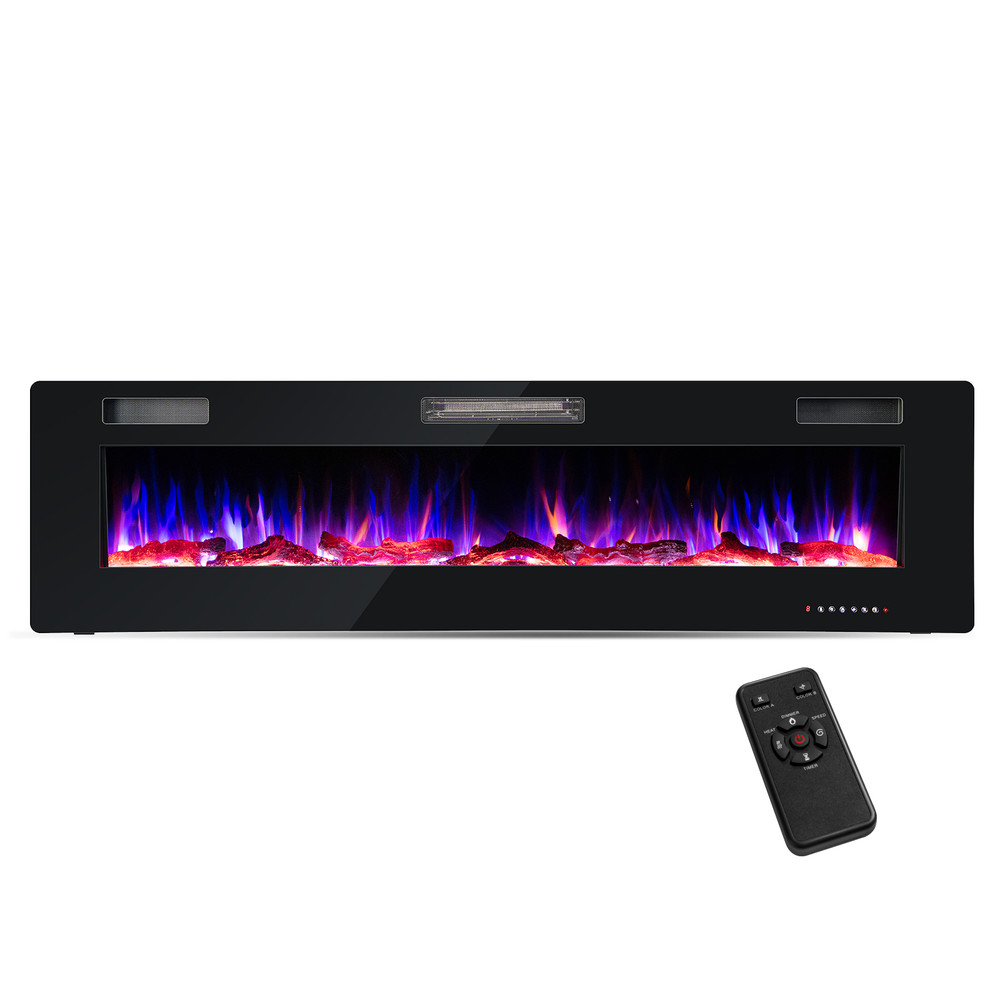 68 Inch Ultra-Thin Electric Fireplace Recessed Wall Mounted with Crystal Log Decoration, 12 Flame Colors, Remote, Timer