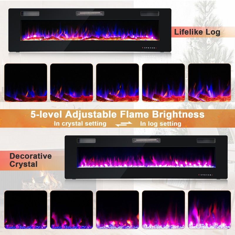 68 Inch Ultra-Thin Electric Fireplace Recessed Wall Mounted with Crystal Log Decoration, 12 Flame Colors, Remote, Timer