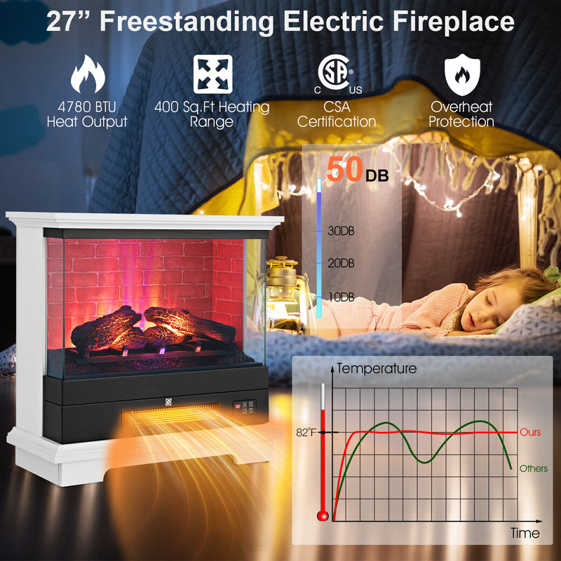 27 Inch Freestanding Electric Fireplace Heater with Thermostat, Overheat Protection, for Living Room, Bedroom & Office