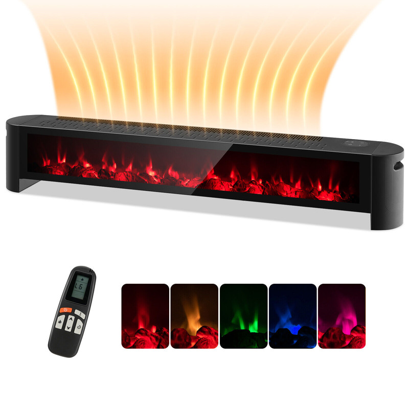 1400W Baseboard Electric Heater with Realistic Multicolor Flame, Quiet Indoor Room Heater with Thermostat & Remote