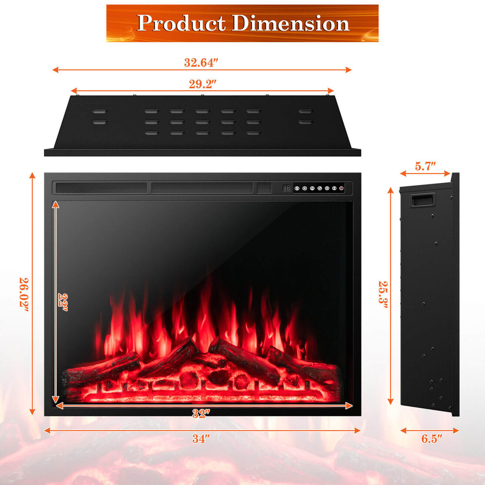 34/37 Inch Electric Fireplace Recessed with Adjustable Flames, Wall Mounted or Freestanding Heater, 1500W Quiet Remote