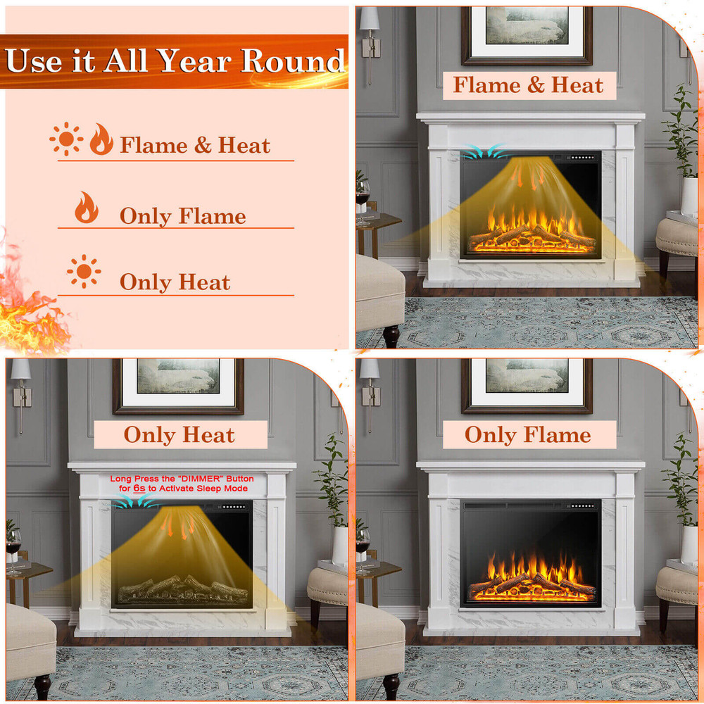 34/37 Inch Electric Fireplace Recessed with Adjustable Flames, Wall Mounted or Freestanding Heater, 1500W Quiet Remote