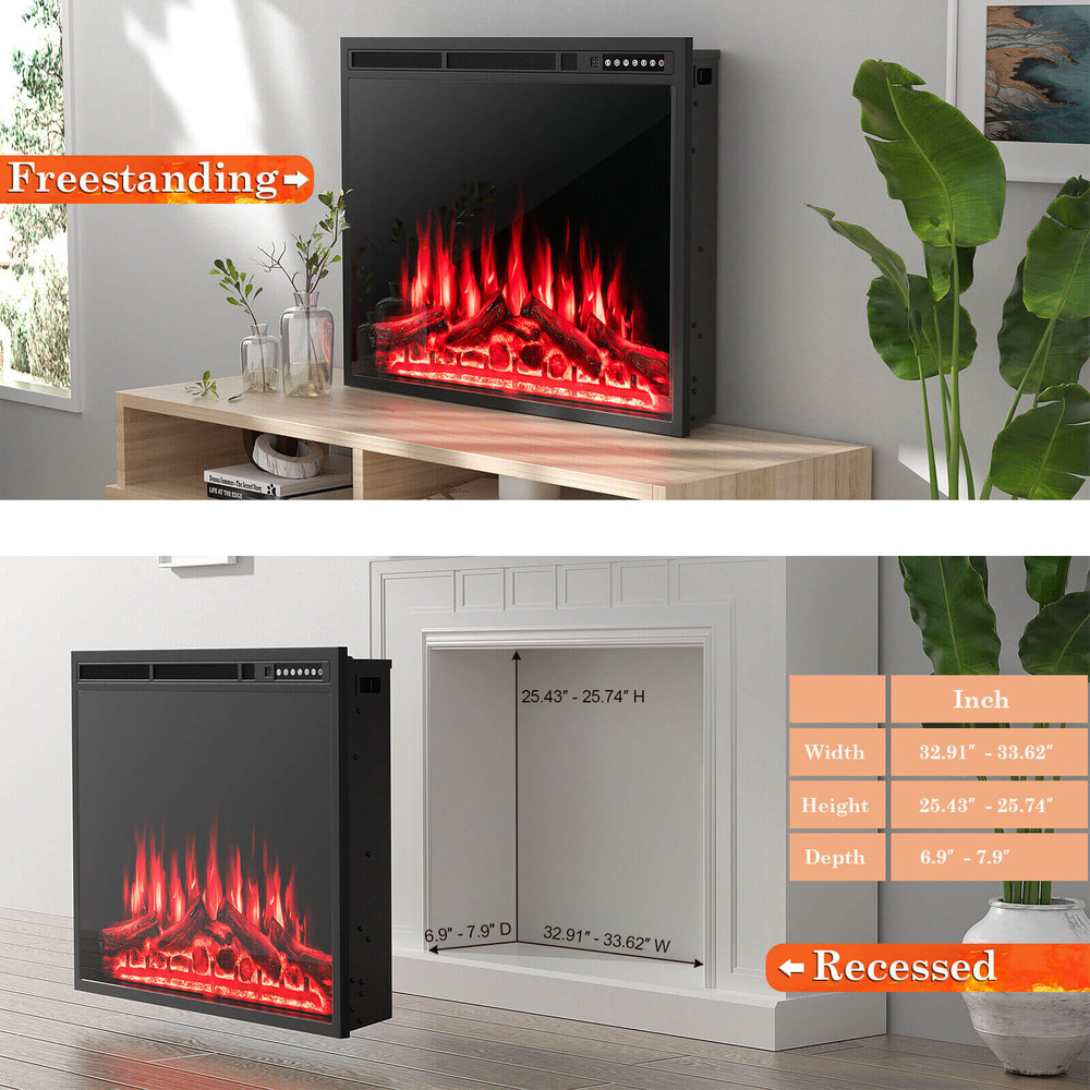 34/37 Inch Electric Fireplace Recessed with Adjustable Flames, Wall Mounted or Freestanding Heater, 1500W Quiet Remote