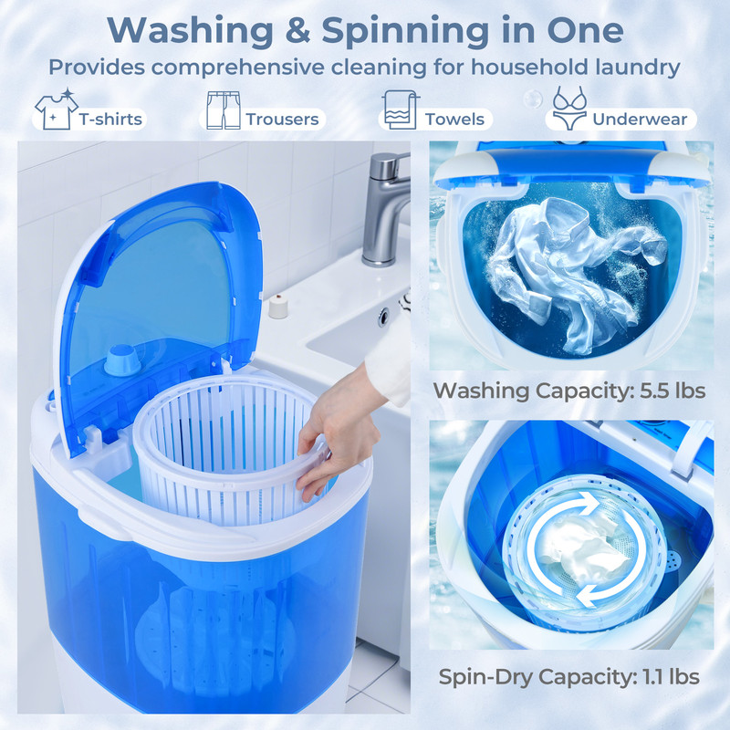 5.5 lbs Portable Semi Auto Washing Machine for Small Space, Compact Mini Laundry Washer for Apartment Dorm RV Camping