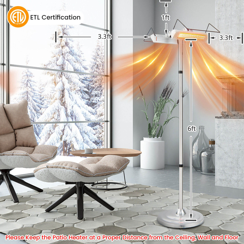 1500W Standing Electric Heater with Double-Sided Infrared Heating, Outdoor & Indoor Waterproof Patio Heater with Safety