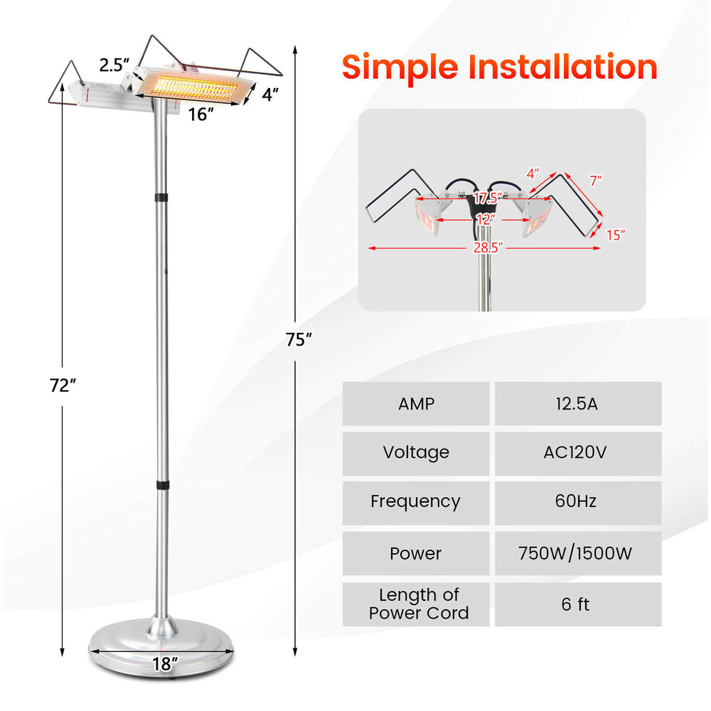 1500W Standing Electric Heater with Double-Sided Infrared Heating, Outdoor & Indoor Waterproof Patio Heater with Safety