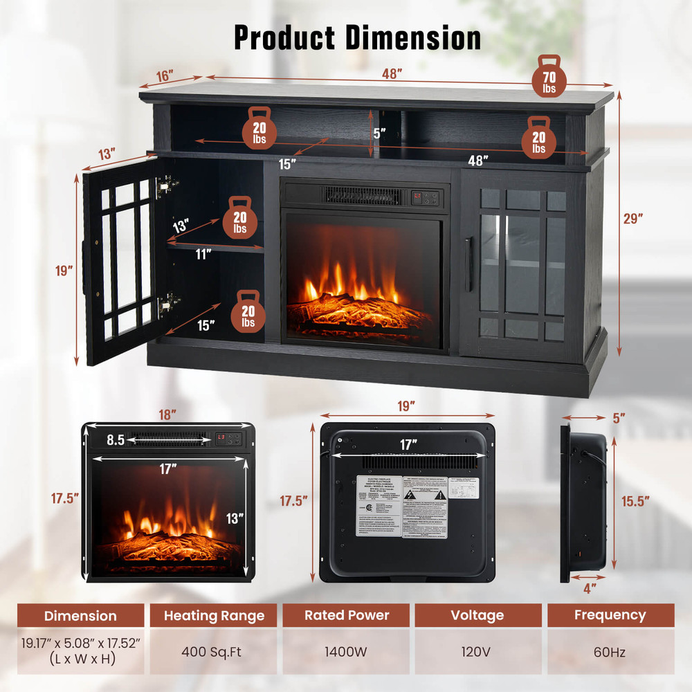 48 Inch Fireplace TV Stand with 18 Inch Electric Insert Heater, Cabinet Storage & Remote Control for TVs up to 55 Inch