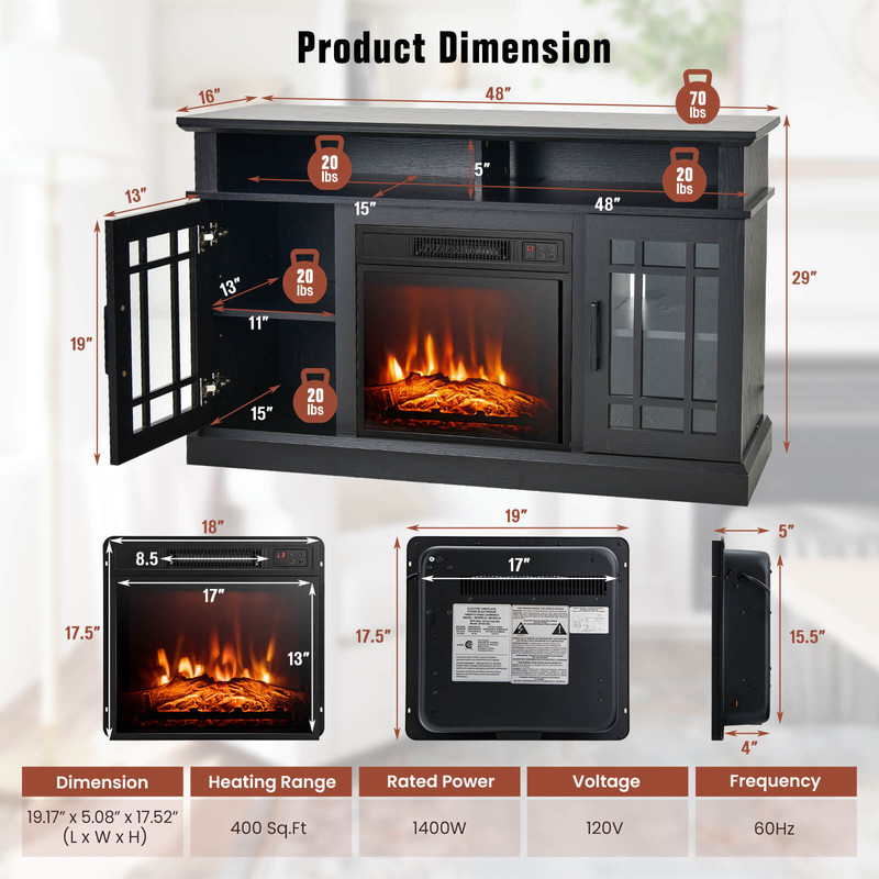 48 Inch Fireplace TV Stand with 18 Inch Electric Insert Heater, Cabinet Storage & Remote Control for TVs up to 55 Inch
