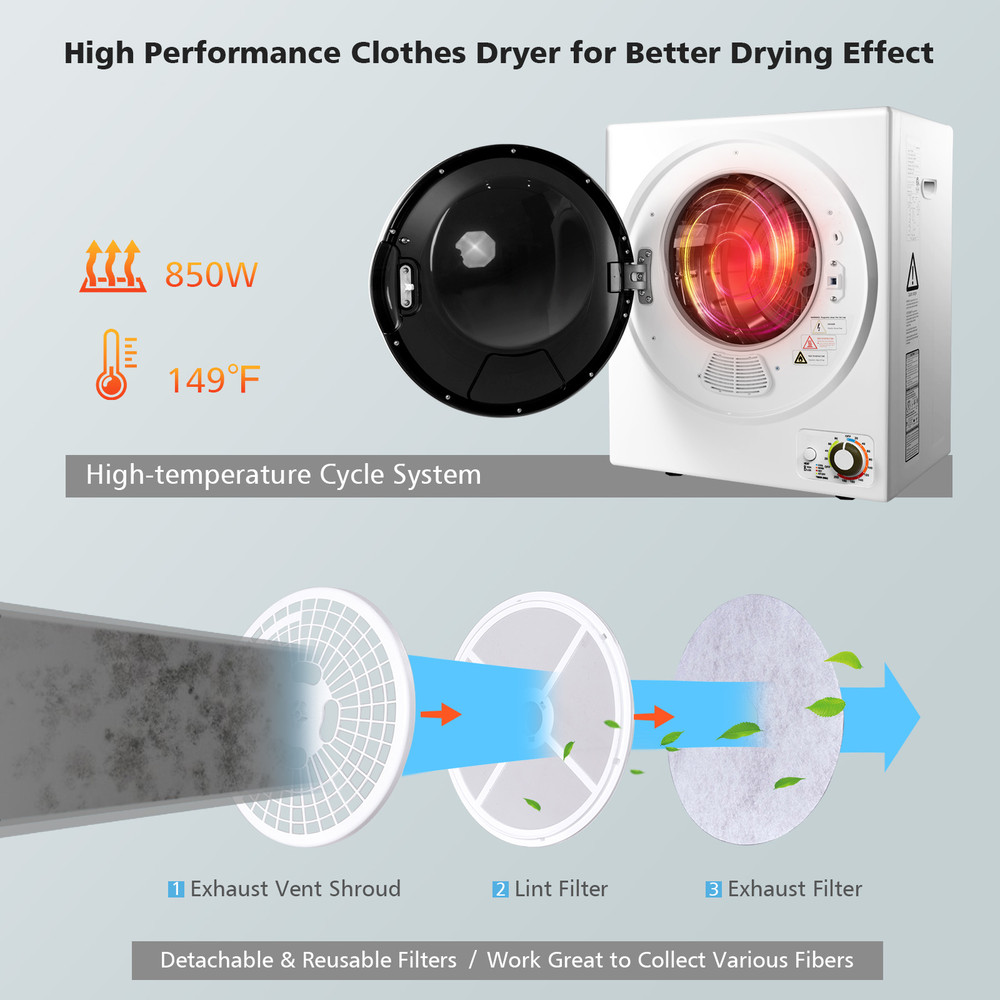 1.5 Cu.ft Clothes Dryer with Stainless Steel Tub, Compact Portable Electric Dryer for Apartments, Dorms, Wall Mount