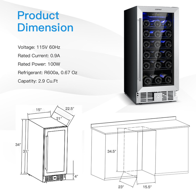 15 Inch 30-Bottle Stainless Steel Wine Cooler with Temperature Memory, Freestanding Beverage Refrigerator, Wine Fridge