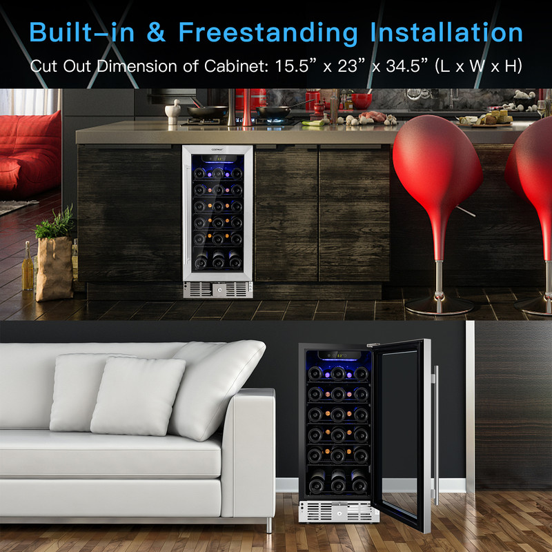 15 Inch 30-Bottle Stainless Steel Wine Cooler with Temperature Memory, Freestanding Beverage Refrigerator, Wine Fridge
