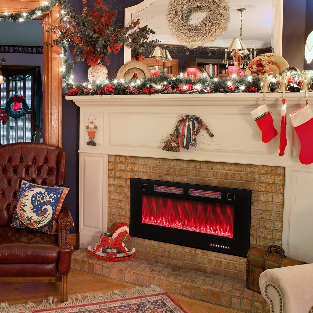 42 Inch Ultra-Thin Electric Fireplace with Decorative Crystals, Wall Mount & Recessed, Flame Colors, Smart App & Alexa