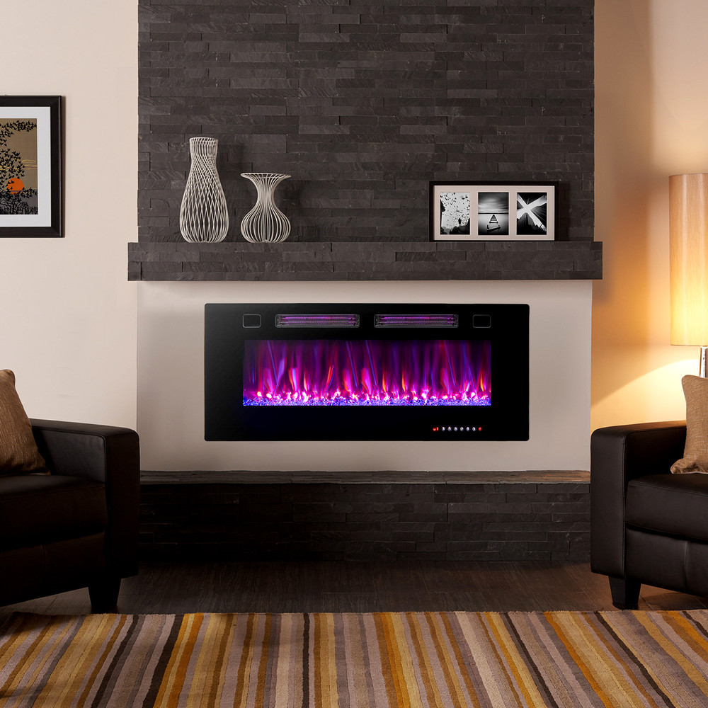 42 Inch Ultra-Thin Electric Fireplace with Decorative Crystals, Wall Mount & Recessed, Flame Colors, Smart App & Alexa