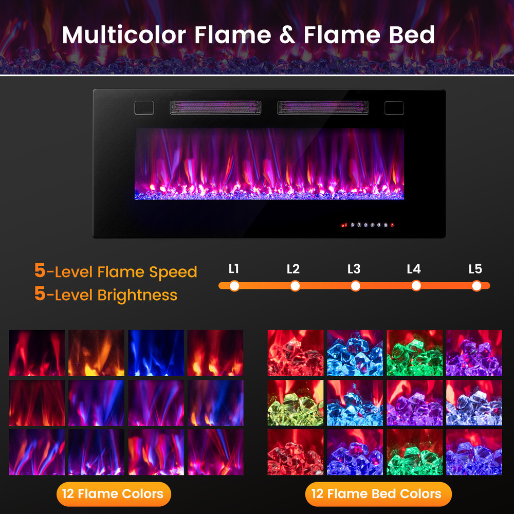 42 Inch Ultra-Thin Electric Fireplace with Decorative Crystals, Wall Mount & Recessed, Flame Colors, Smart App & Alexa