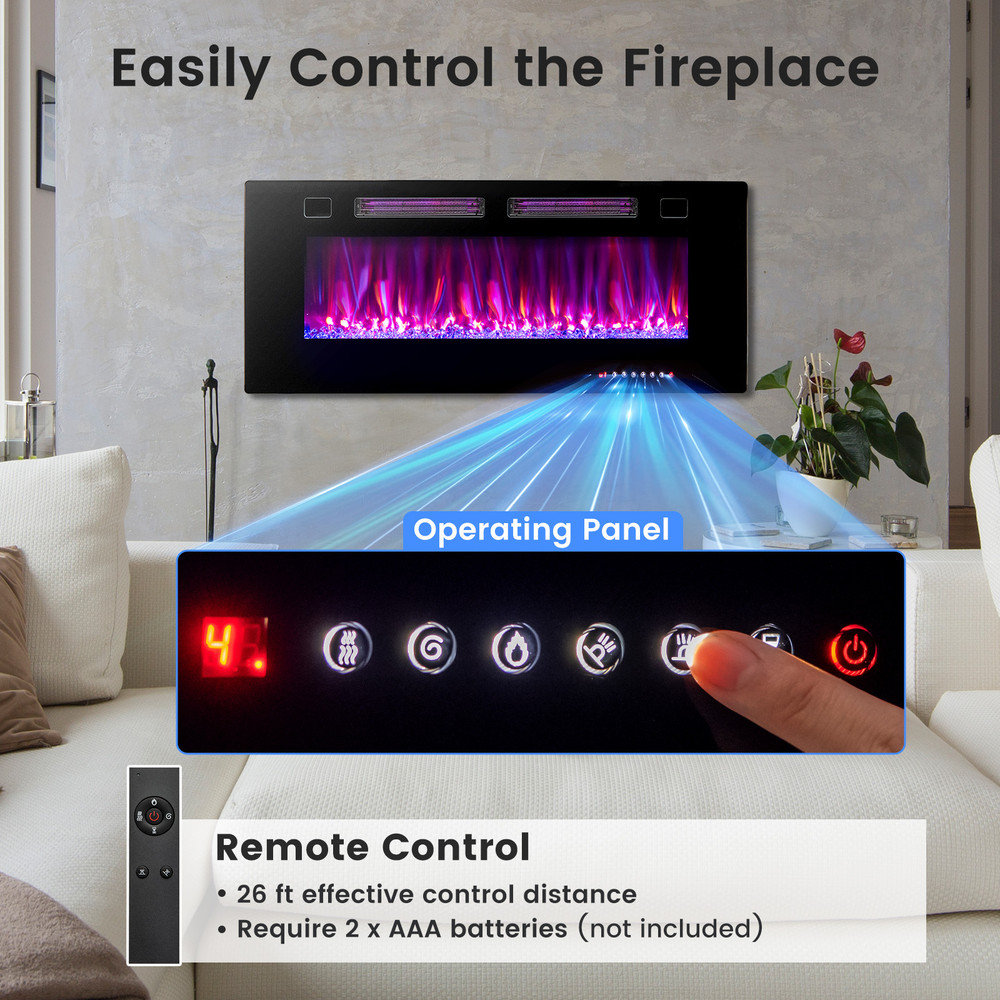 42 Inch Ultra-Thin Electric Fireplace with Decorative Crystals, Wall Mount & Recessed, Flame Colors, Smart App & Alexa