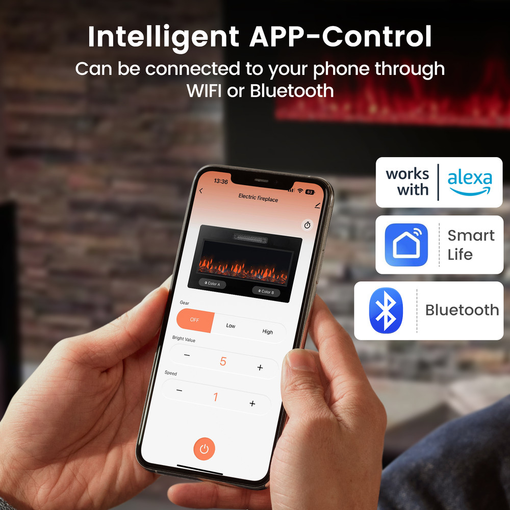 42 Inch Ultra-Thin Electric Fireplace with Decorative Crystals, Wall Mount & Recessed, Flame Colors, Smart App & Alexa