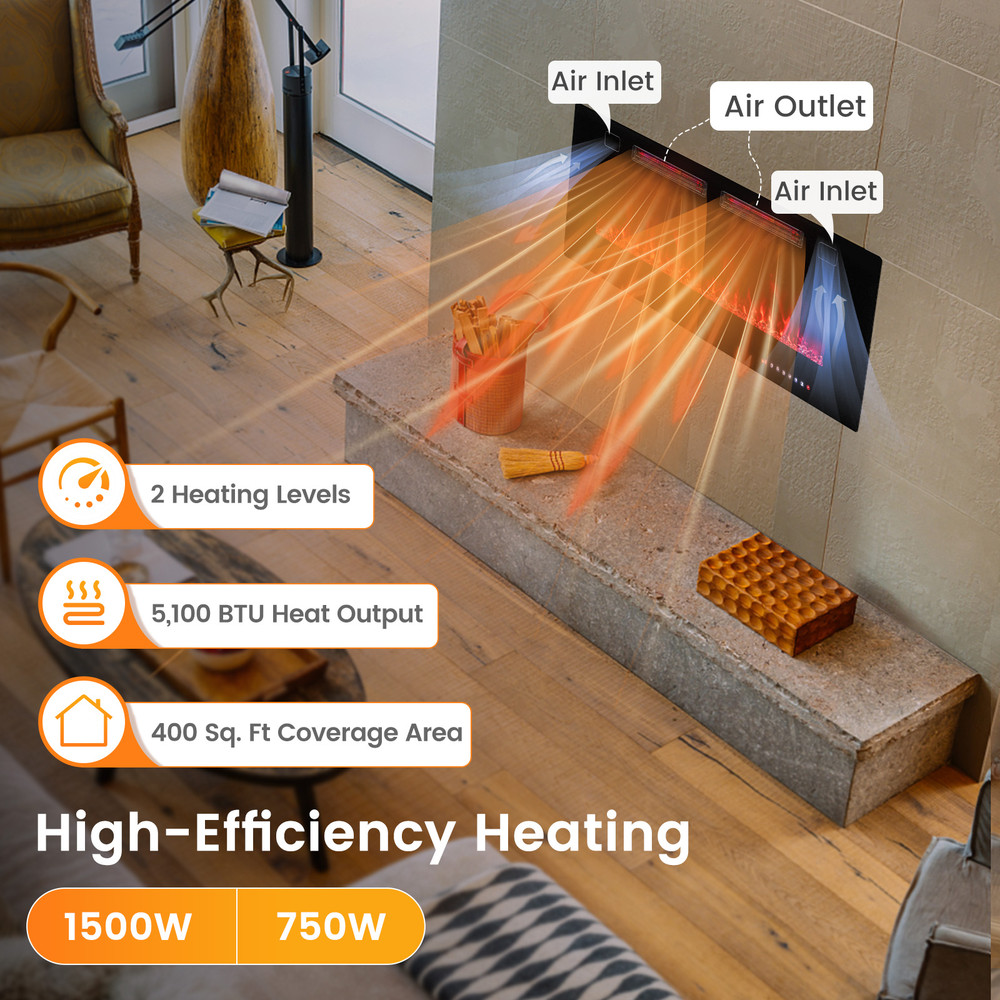 42 Inch Ultra-Thin Electric Fireplace with Decorative Crystals, Wall Mount & Recessed, Flame Colors, Smart App & Alexa