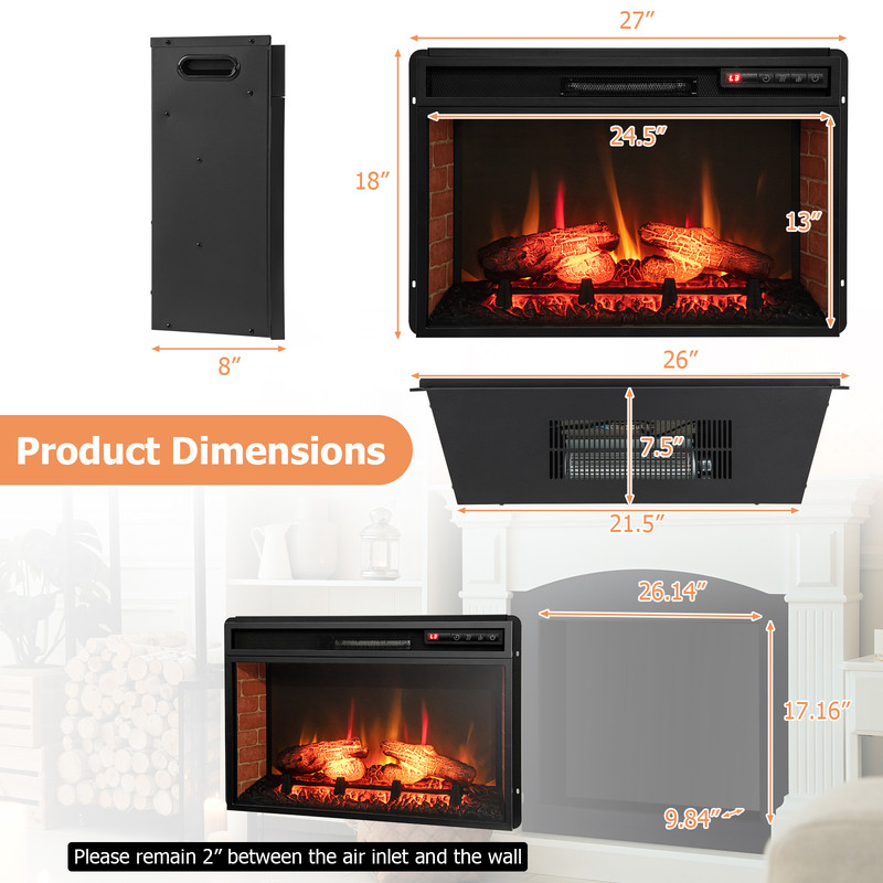 26 Inch Recessed Freestanding Fireplace Heater with 3-Level Flame, 6H Timer, Remote, Quiet Operation & Brick Design