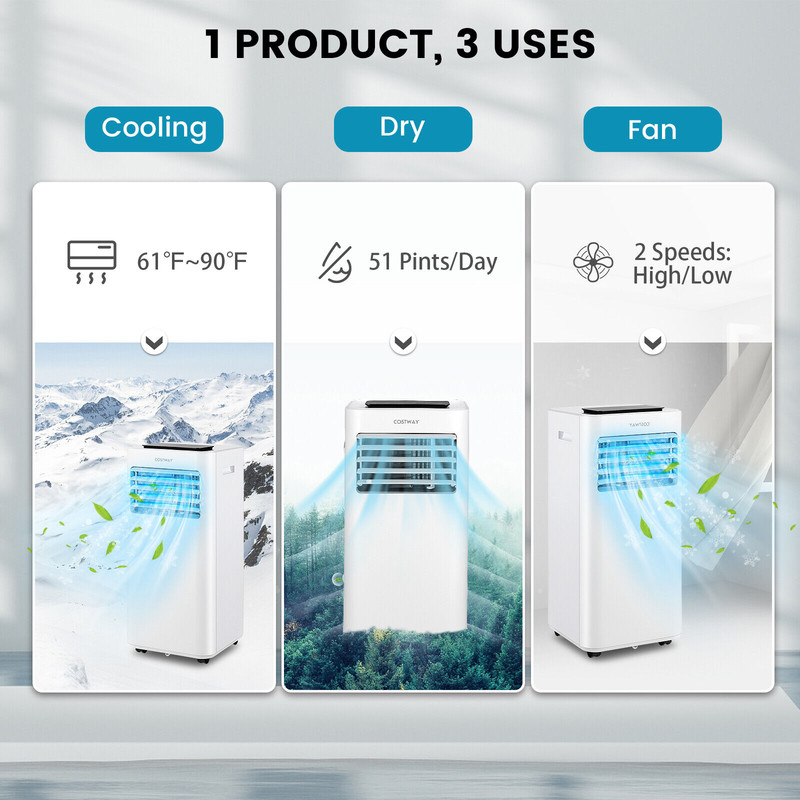 10000 BTU Portable Air Conditioner with Remote Control, Dehumidifier & Fan, Quiet AC Unit for Room Home Office Bedroom