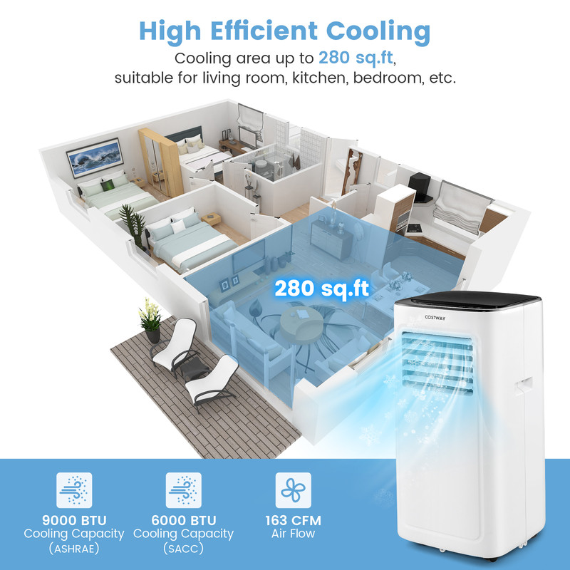 9000 BTU Portable Air Conditioner with Dehumidifier & 24H Timer, Quiet Room AC Unit for Bedroom, Office
