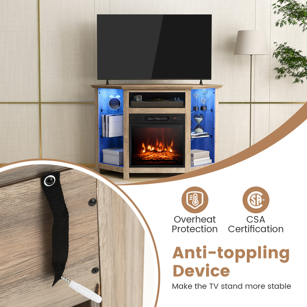 Modern Fireplace Corner TV Stand For TVs LED Light Strip Smart App Control Glass Shelves Heater Wit 6