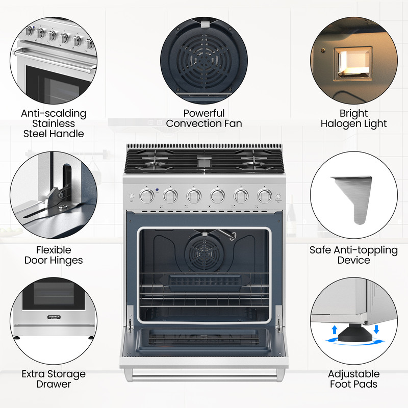 Natural Gas Range With Burners Cooktop Freestanding Oven With Convection Storage Drawer 7