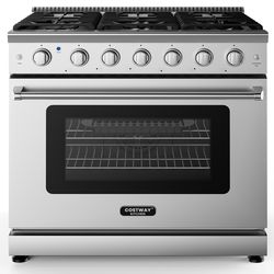 professional natural gas range with high-powered burners and oven, freestanding dual fuel stove for home kitchens