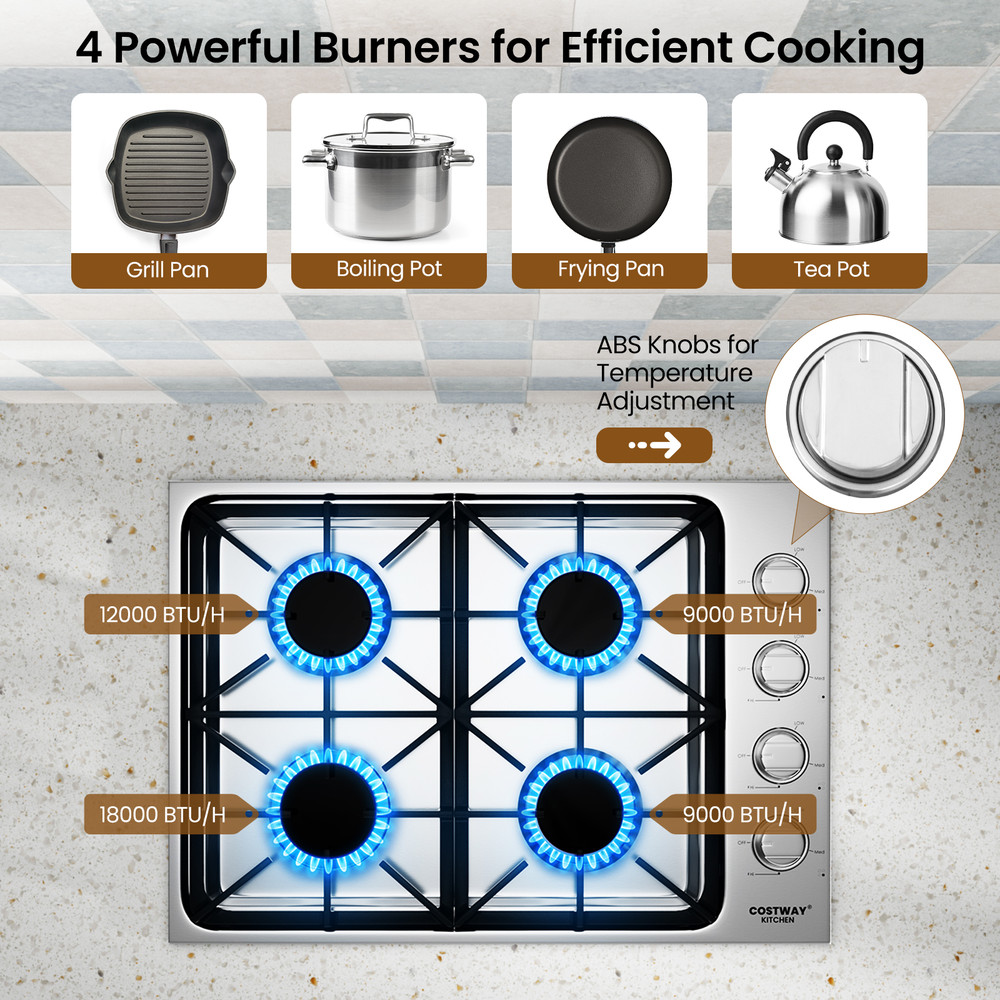 Professional Gas Cooktop With Sealed Burners Stainless Steel Body DishwasherSafe Cast Iron Grates 4