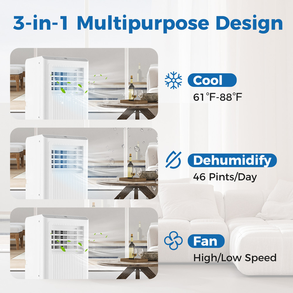 8000/10000 BTU Portable Air Conditioner – 3-in-1 AC Unit with Fan & Dehumidifier for Rooms up to 350 Sq.Ft