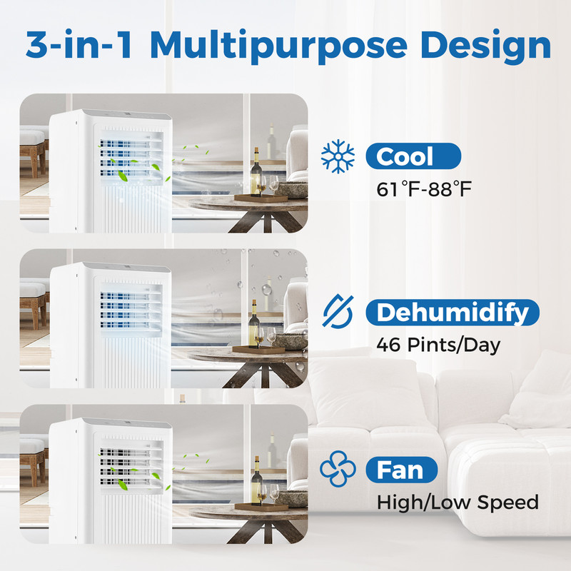 8000/10000 BTU Portable Air Conditioner – 3-in-1 AC Unit with Fan & Dehumidifier for Rooms up to 350 Sq.Ft