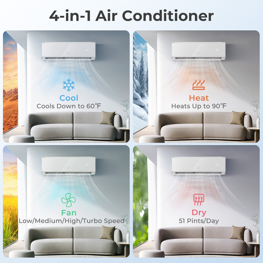 12000 BTU 22 SEER2 208-230V WiFi Mini Split Air Conditioner & Heater, White |Energy-Efficient Inverter AC