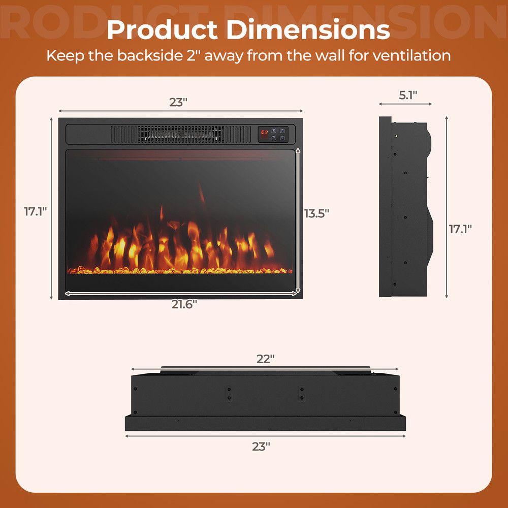 23-Inch 750W/1500W Electric Fireplace Heater with Adjustable Flame Color & Brightness – Realistic & Energy-Efficient
