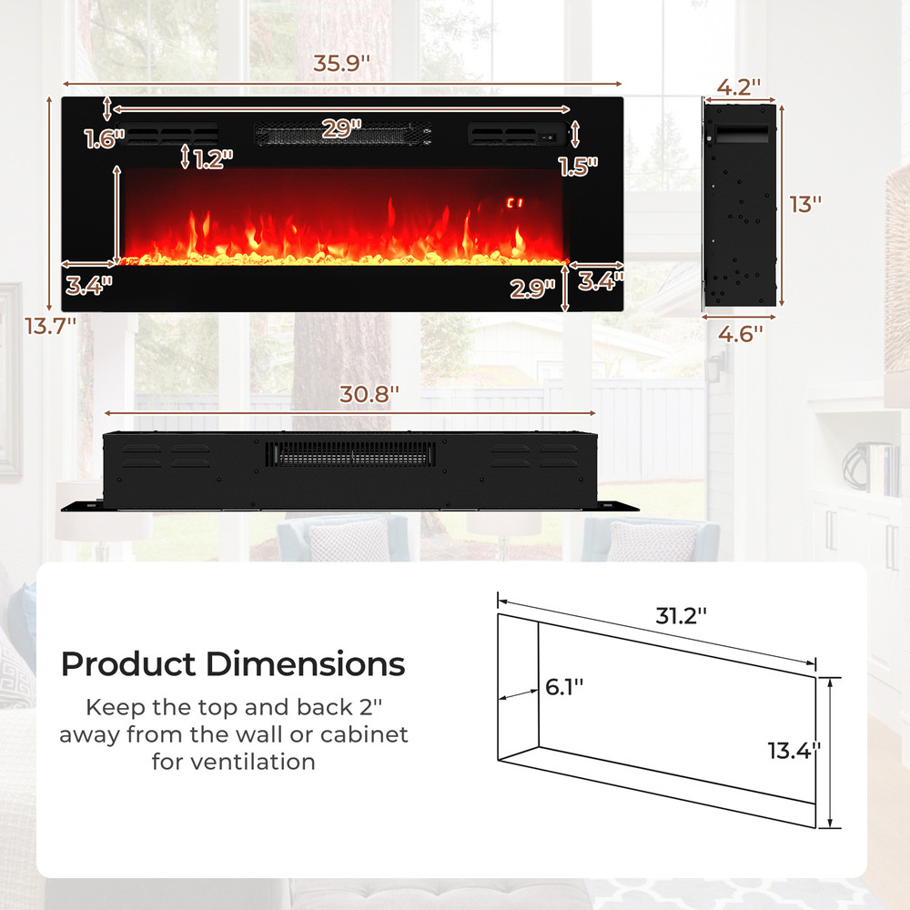 36-Inch Electric Fireplace Heater – Recessed Wall-Mounted with LED Strip Lights & Remote Control