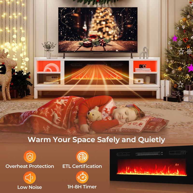 36-Inch Electric Fireplace Heater – Recessed Wall-Mounted with LED Strip Lights & Remote Control