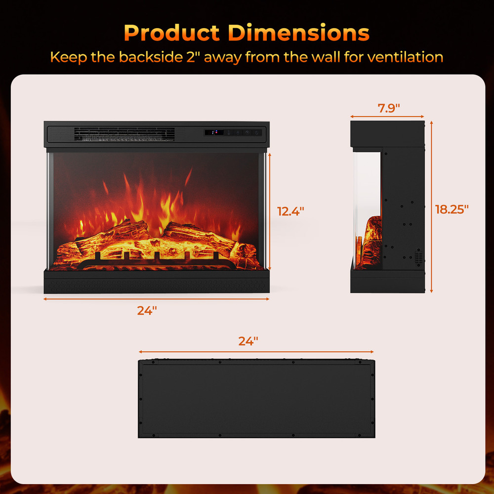 24-Inch 3-Sided Glass Electric Fireplace Heater with Remote Control – 5000 BTU, Adjustable Flame & Thermostat