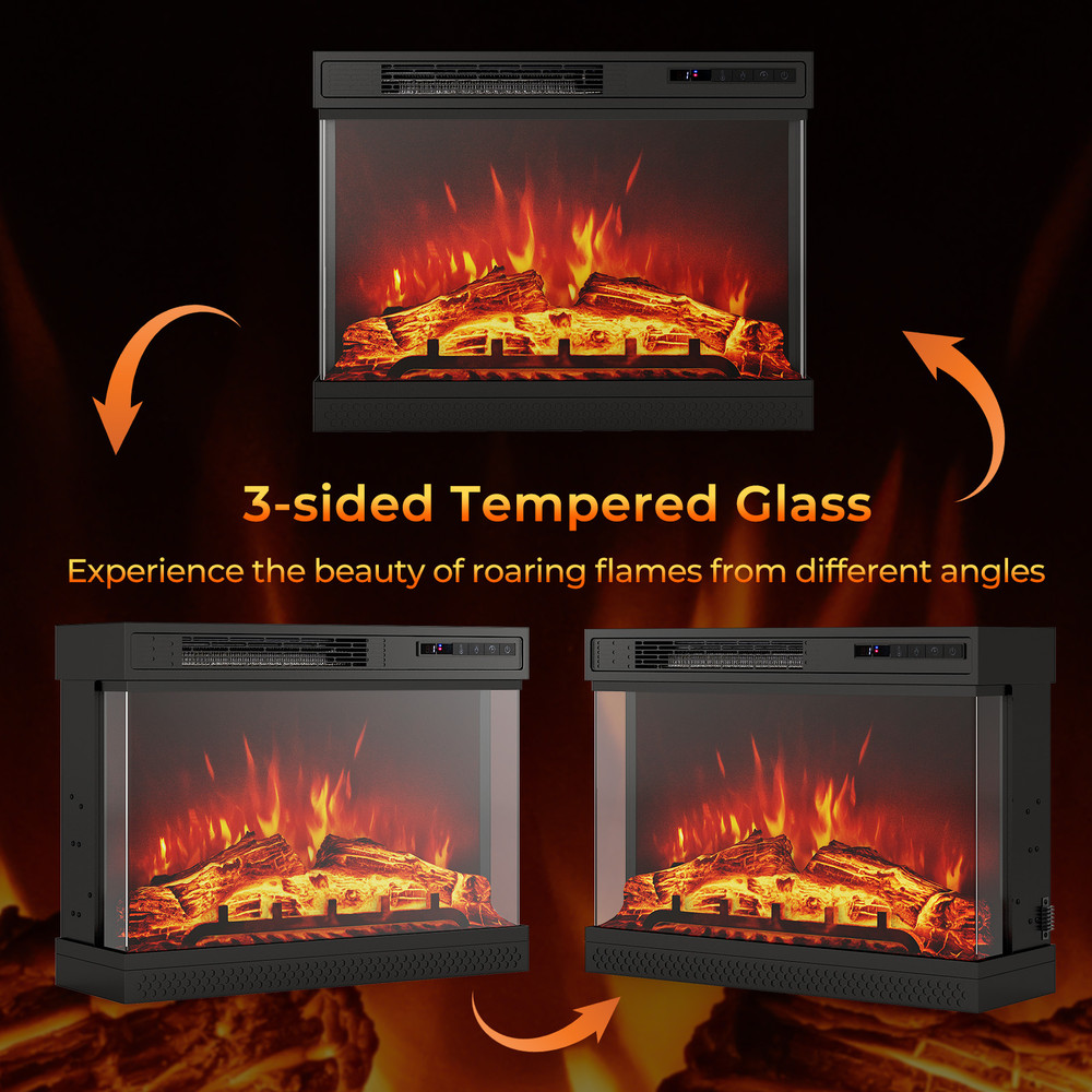24-Inch 3-Sided Glass Electric Fireplace Heater with Remote Control – 5000 BTU, Adjustable Flame & Thermostat