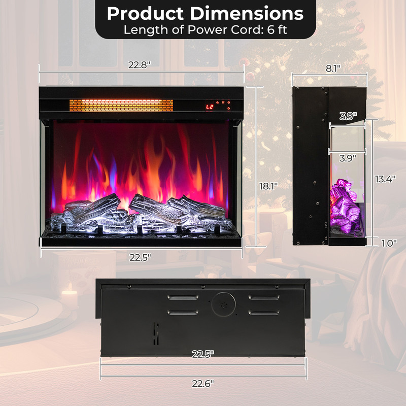 23 Inch 3-Sided Electric Fireplace Insert, 1500W Recessed Fireplace with Adjustable Flame & Remote