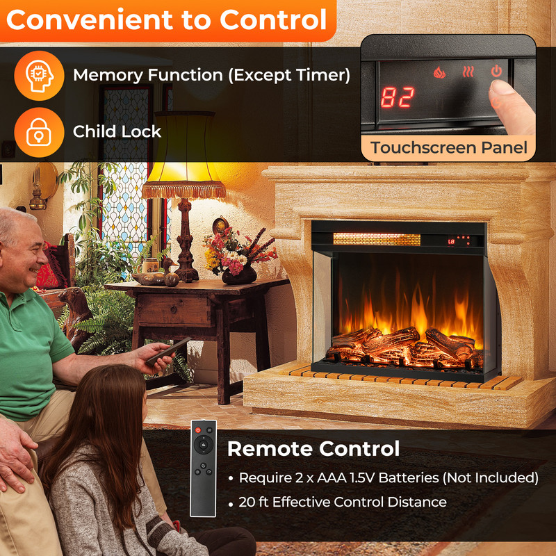 23 Inch 3-Sided Electric Fireplace Insert, 1500W Recessed Fireplace with Adjustable Flame & Remote