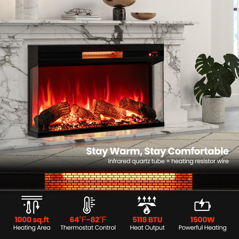 36 Inch 3-Sided 1500W Electric Fireplace with 7-Color Flame – Adjustable Heating & Realistic Ambiance