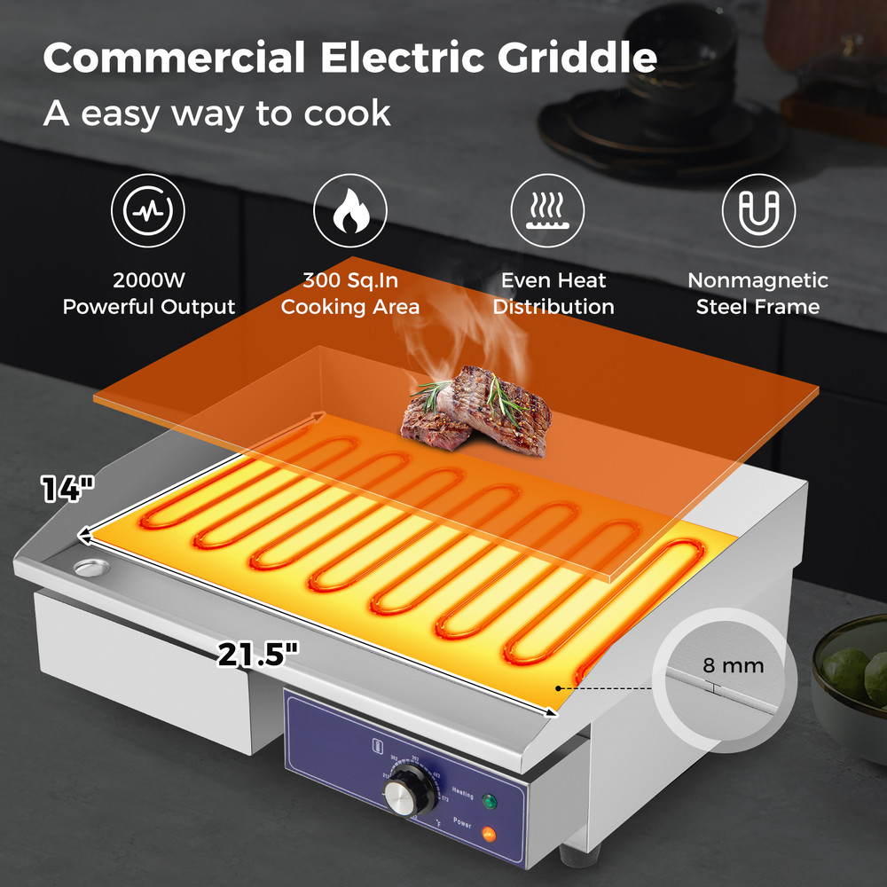 Stainless Steel Countertop Griddle, 2000W 110V Electric Grill for Commercial Use