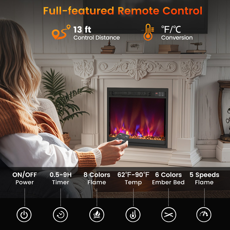 1500W Electric Fireplace Insert, 18/23/26 Inch with Remote Control for Home & Office