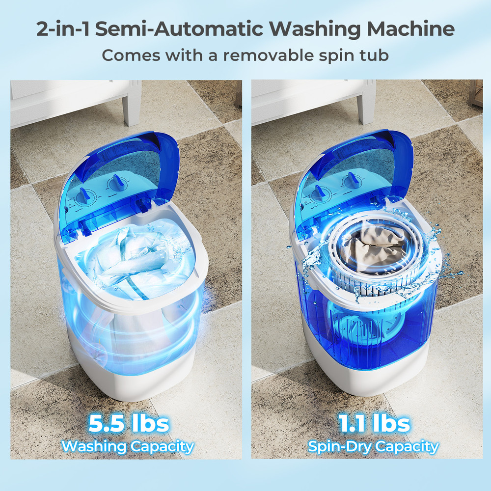 Portable Mini Semi-Automatic Washing Machine with Spin Tub & Drain Hose, 2.5 kg Capacity