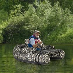 inflatable float tube with fish ruler, rod holder & storage pockets, heavy-duty fishing pontoon
