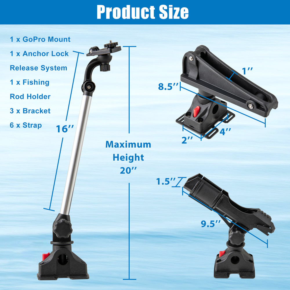 360° Rotatable Fishing Boat & Kayak Accessory Set of 3, GoPro Mount, Rod Holder, Oar Holder