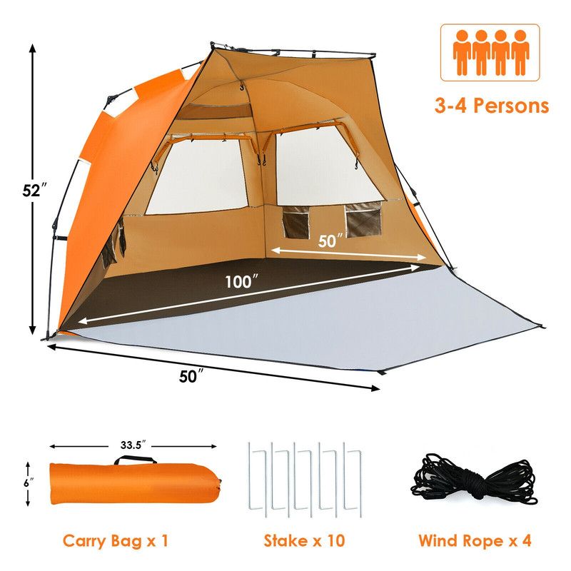 3-4 Person Easy Pop Up Beach Tent, UPF 50+ Portable Sun Shelter for Sun Protection